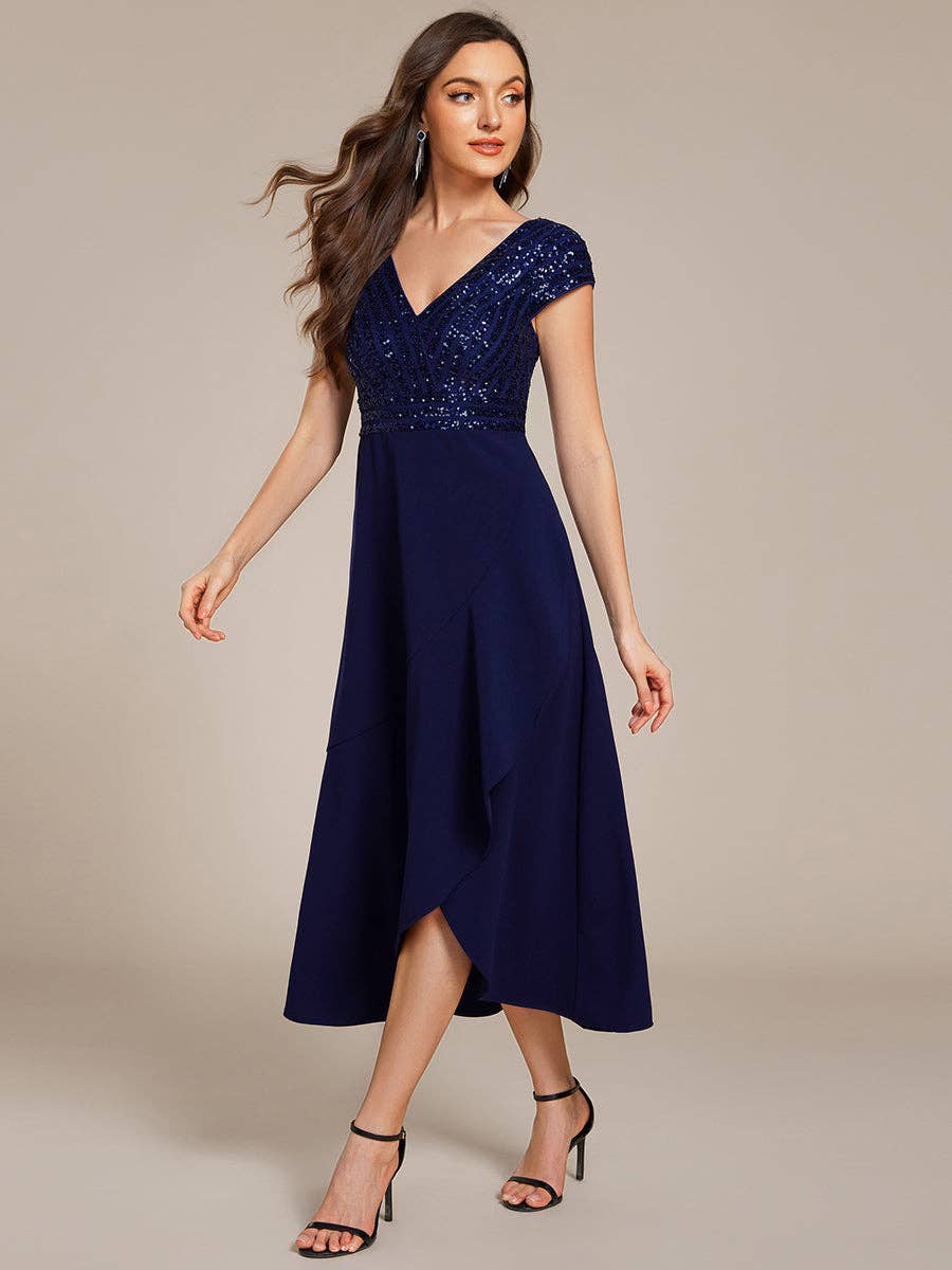 Asymmetrical Hem V-Neck Formal Evening Dress