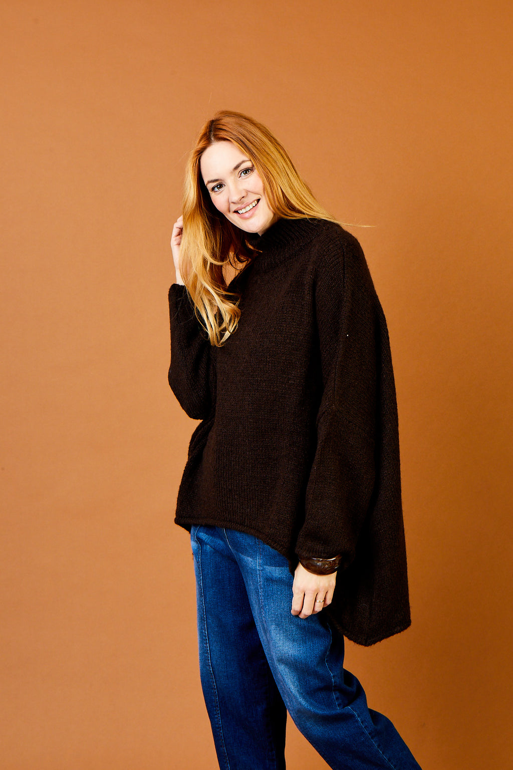 FORLI HI LO HIGH NECK OVERSIZE KNIT SWEATER