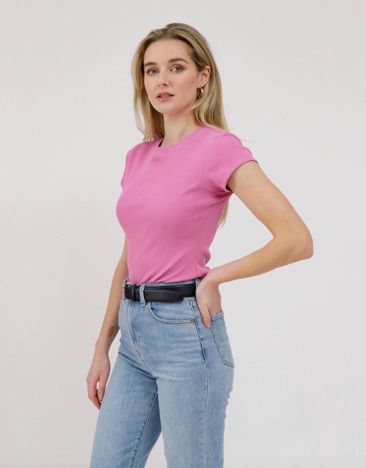 Ribbed Fitted T-Shirt with Cap Sleeves