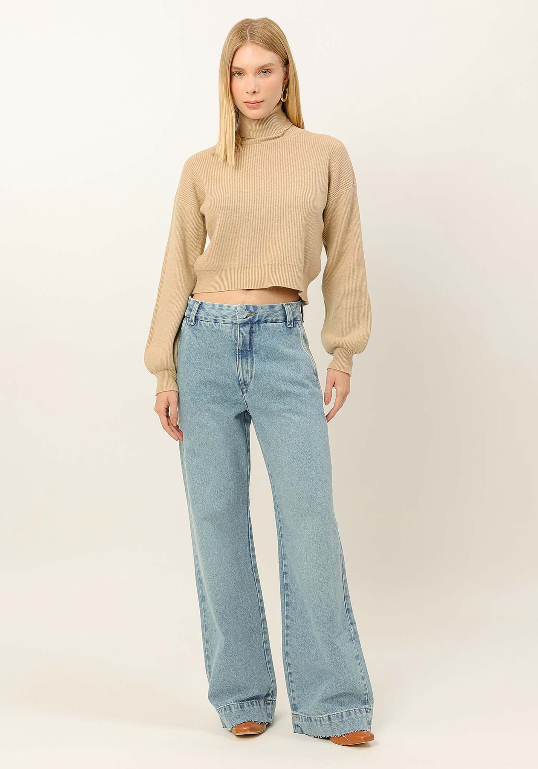 Turtleneck Knit Sweater with Puff Sleeve