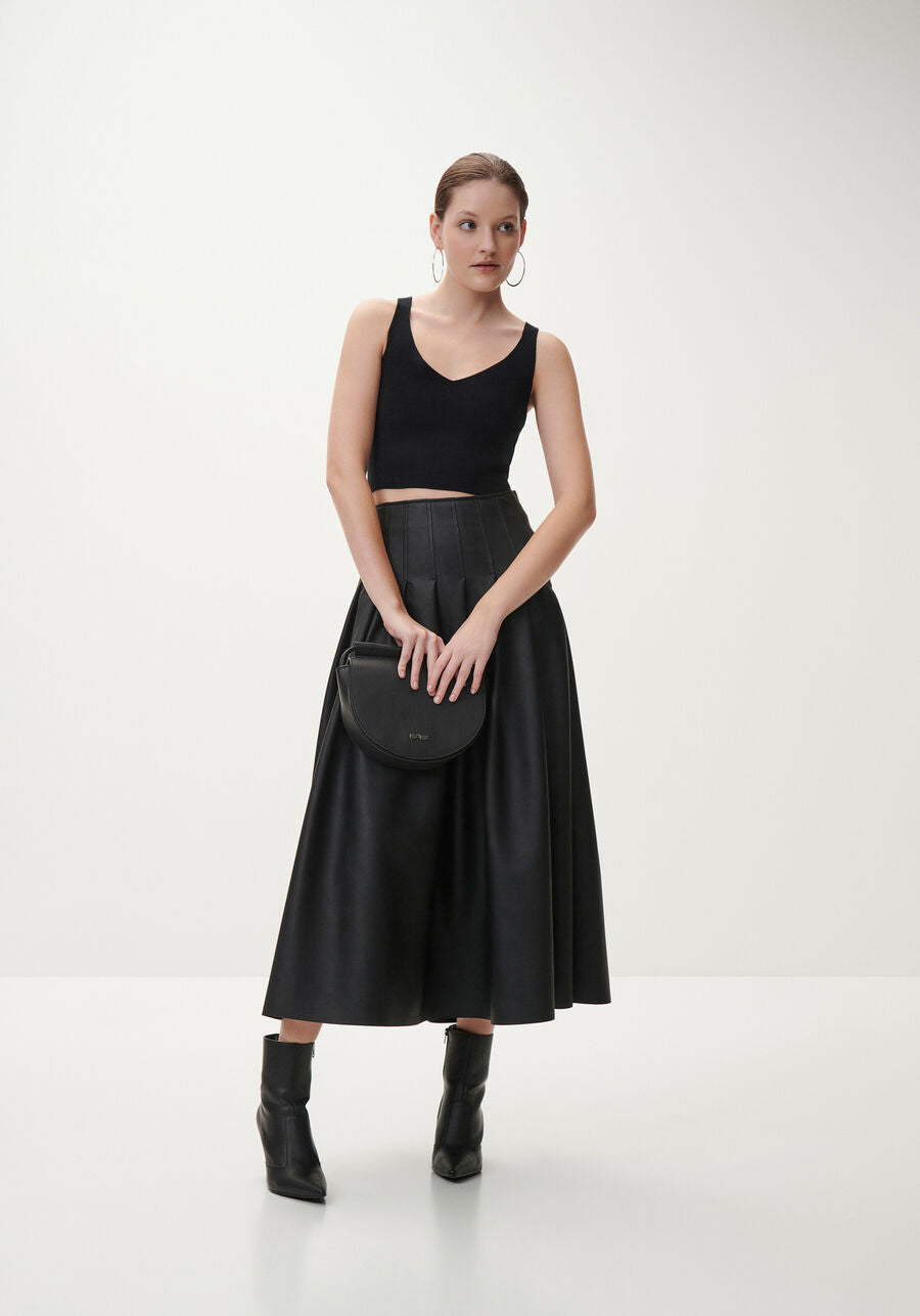 Faux Leather Midi Skirt With Pleats