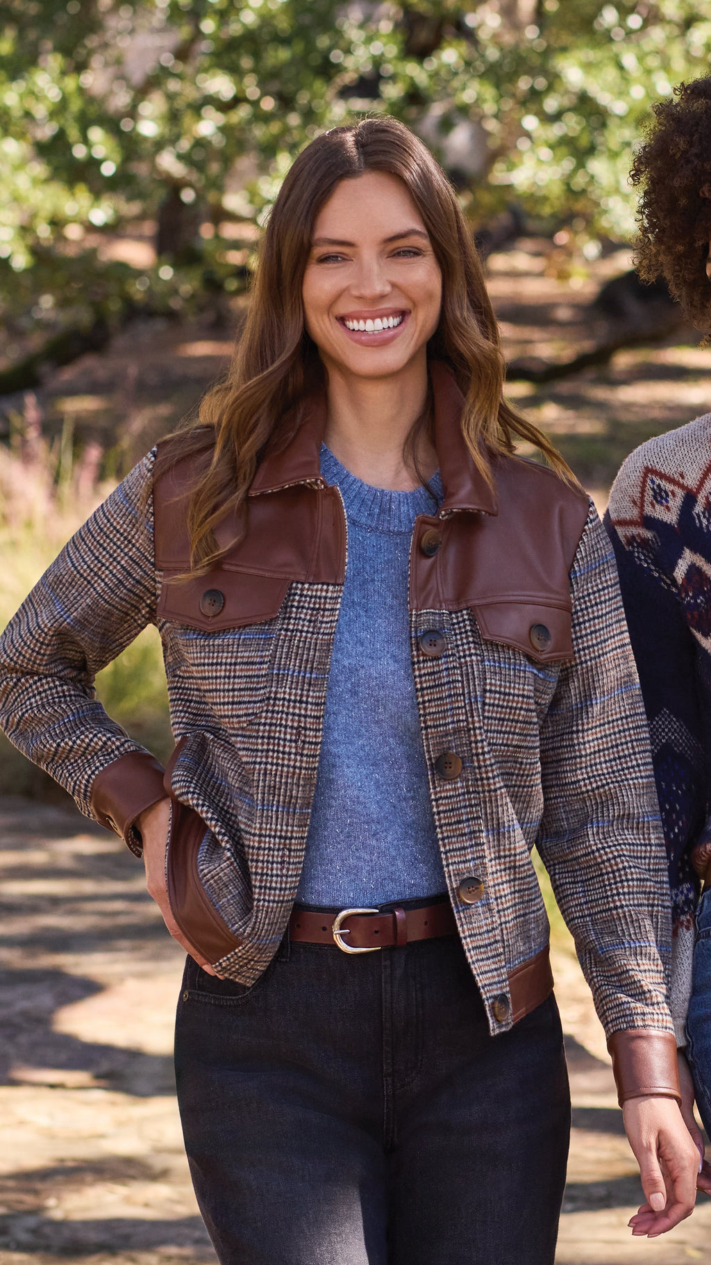 Mixed Media Button-Front Plaid Jacket with Faux Leather Trim
