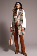 Textured Plaid Wide Notch Collar Long Vest
