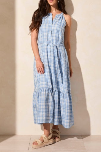 Plaid Voile Halter Dress with Tie Waist