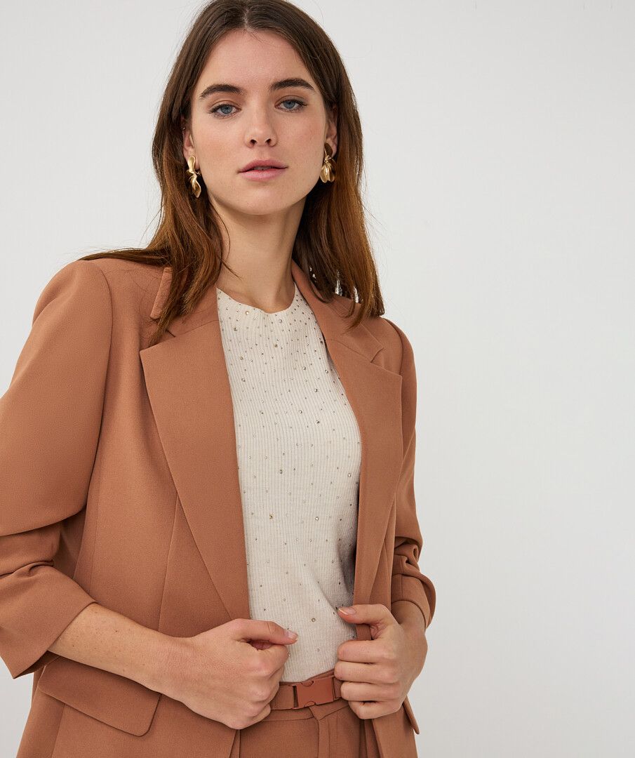Ruched 3/4 Sleeve Crepe Blazer