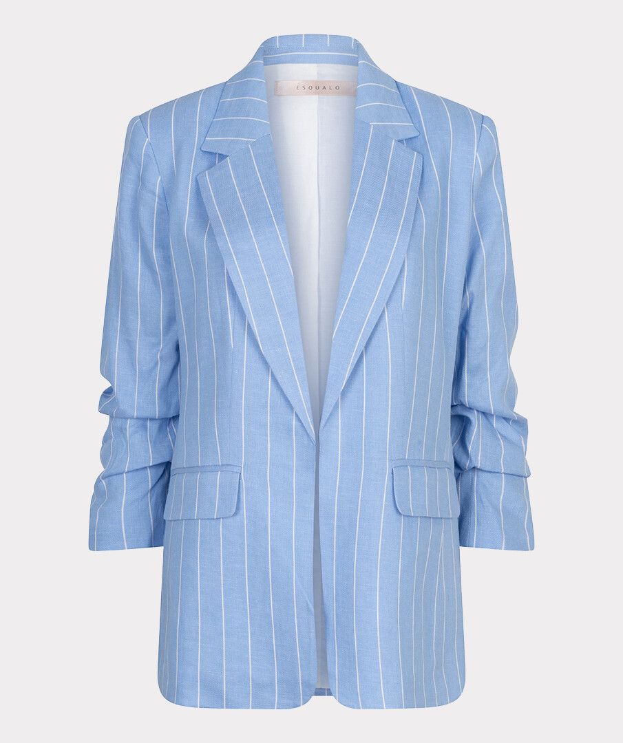 Gathered Sleeve Pinstripe Linen Look Blazer