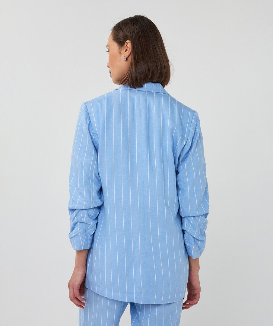 Gathered Sleeve Pinstripe Linen Look Blazer