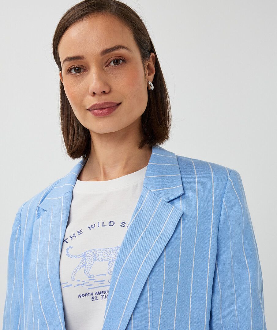 Gathered Sleeve Pinstripe Linen Look Blazer