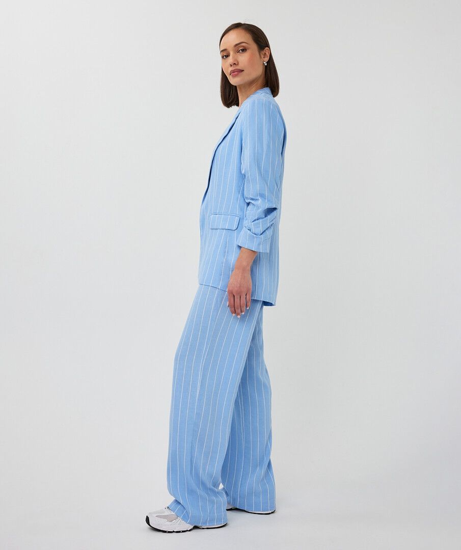 Gathered Sleeve Pinstripe Linen Look Blazer