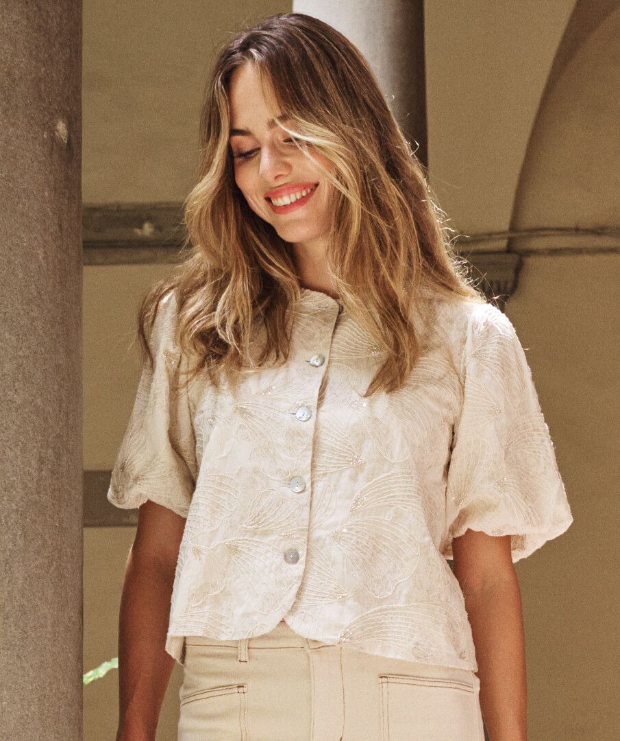 Balloon Sleeve Embroidered Button Up Blouse