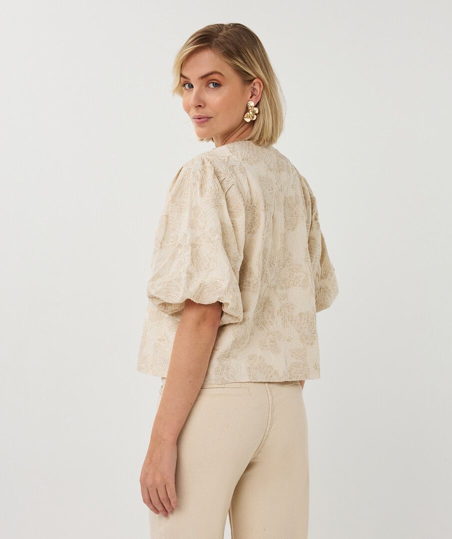 Balloon Sleeve Embroidered Button Up Blouse