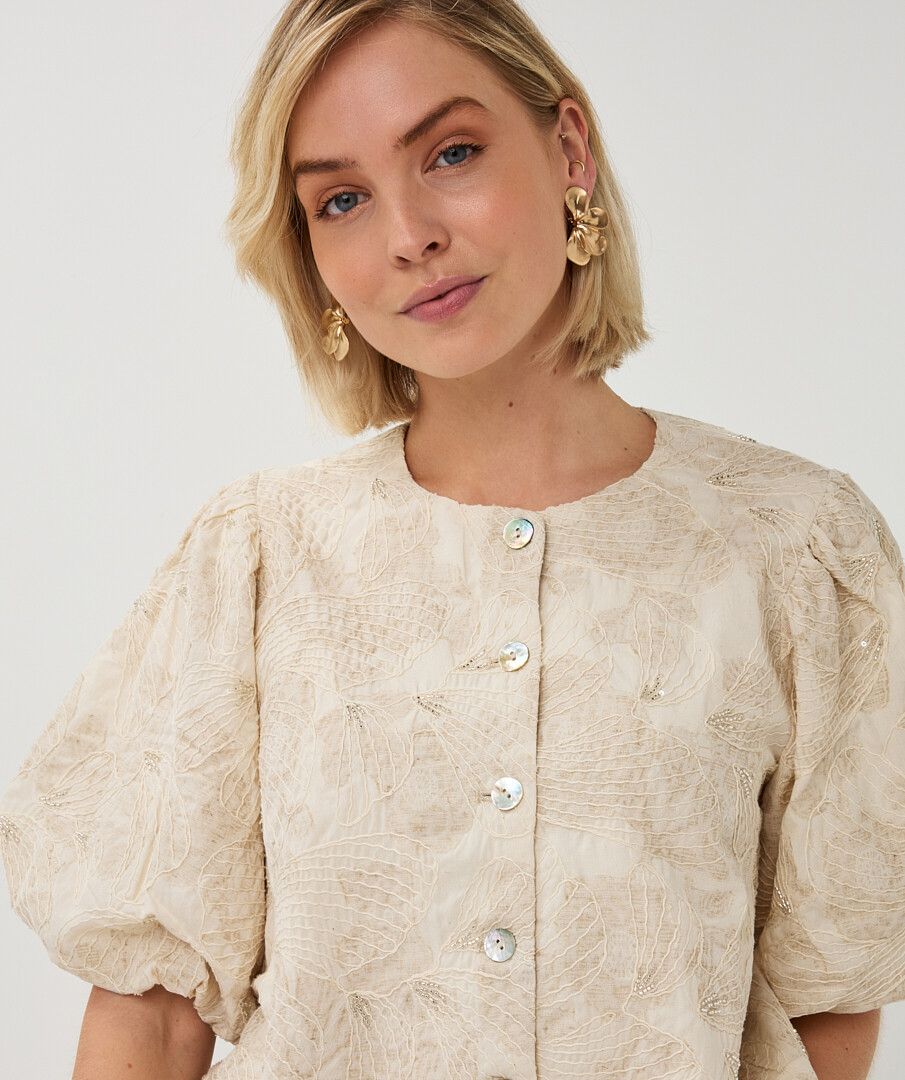 Balloon Sleeve Embroidered Button Up Blouse