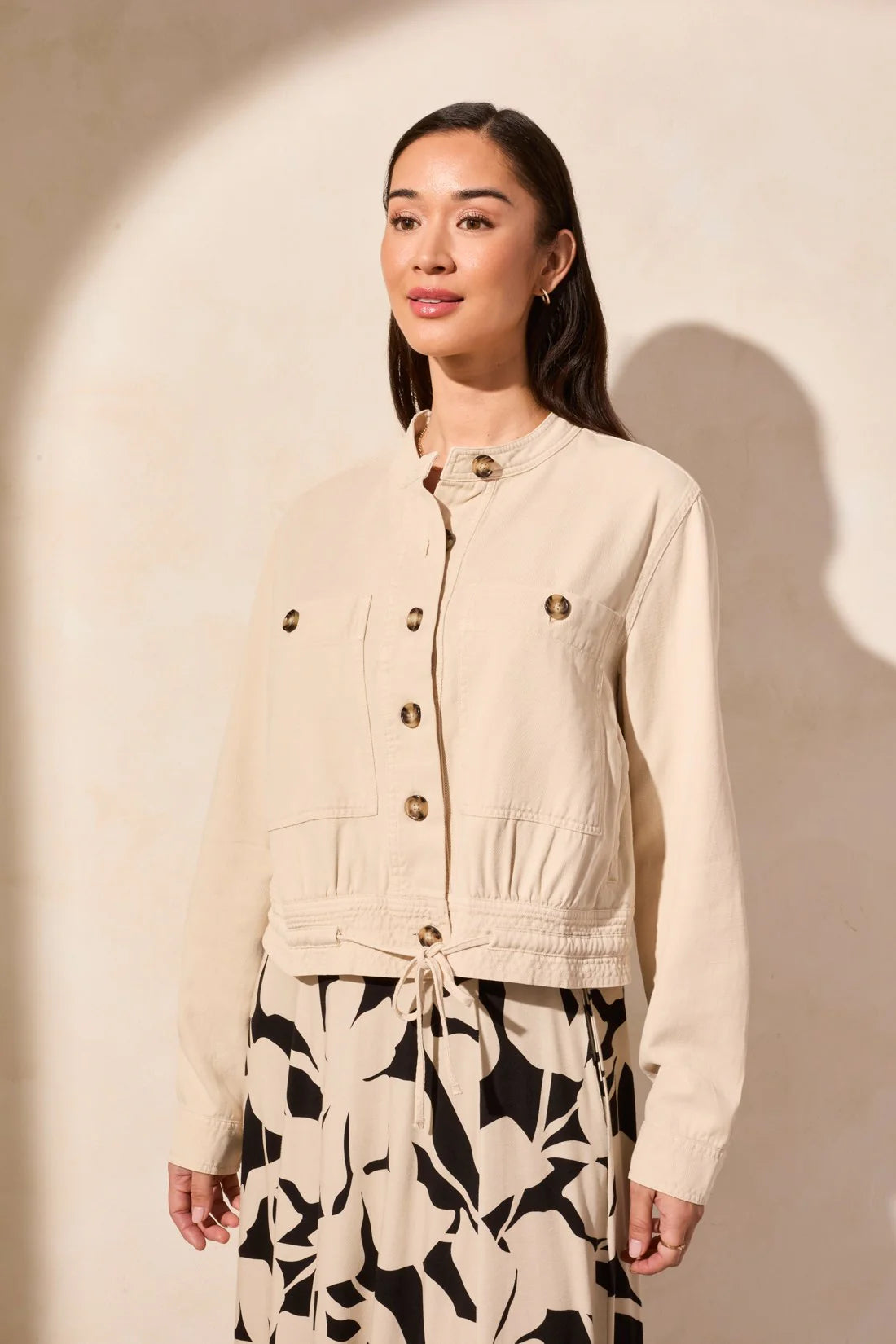 Button Front Jacket with Drawcord Hem