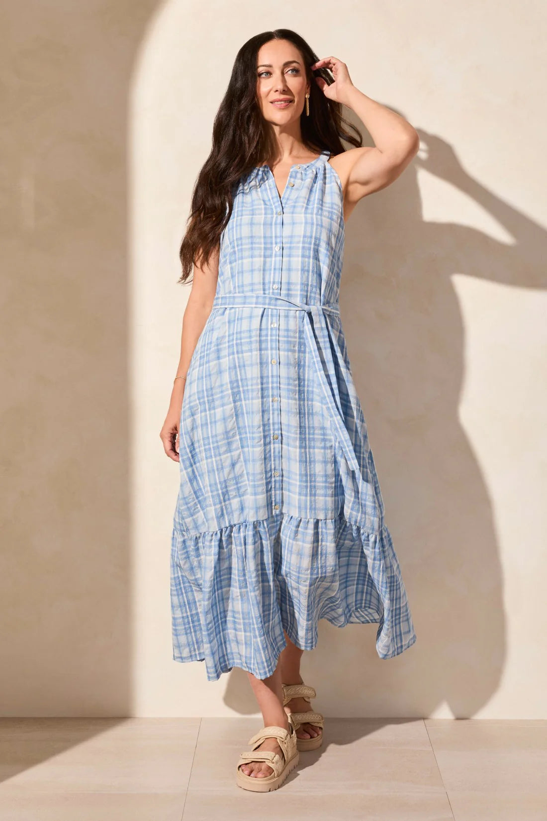 Plaid Voile Halter Dress with Tie Waist