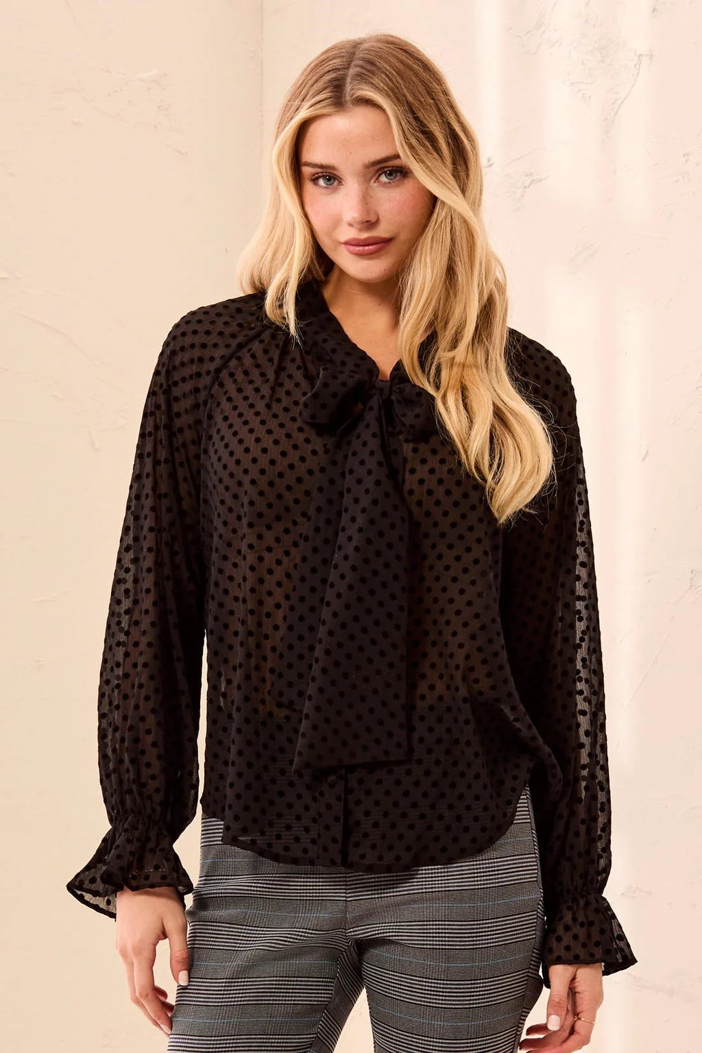 Chiffon Swiss Dot Bow Tie Neck Blouse