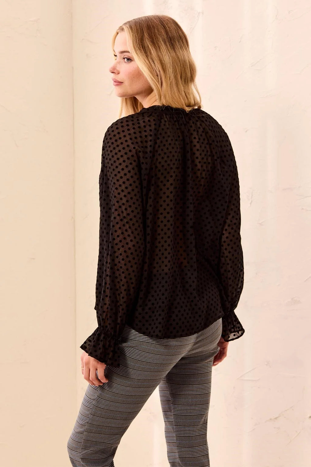 Chiffon Swiss Dot Bow Tie Neck Blouse