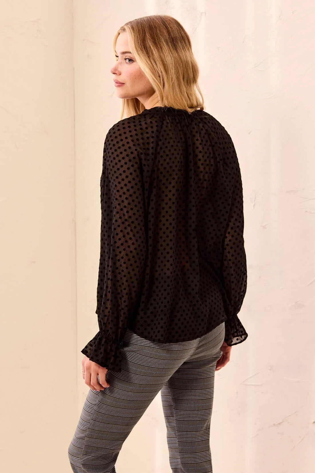 Chiffon Swiss Dot Bow Tie Neck Blouse