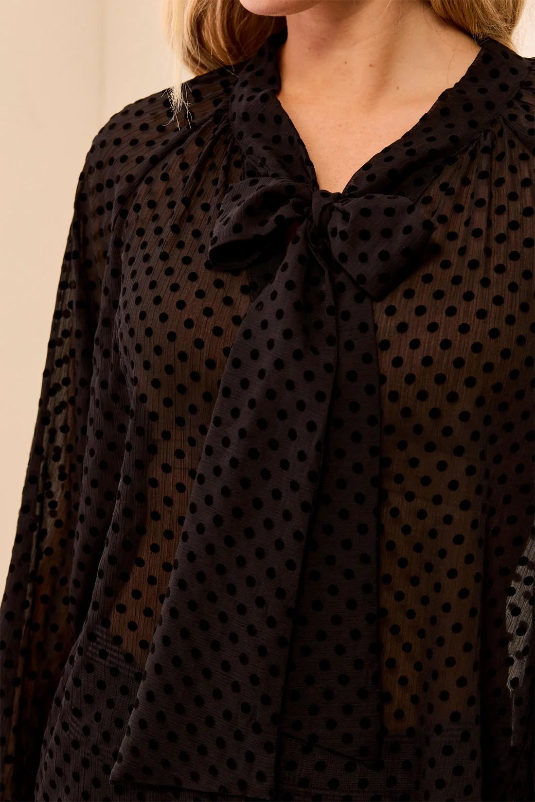 Chiffon Swiss Dot Bow Tie Neck Blouse