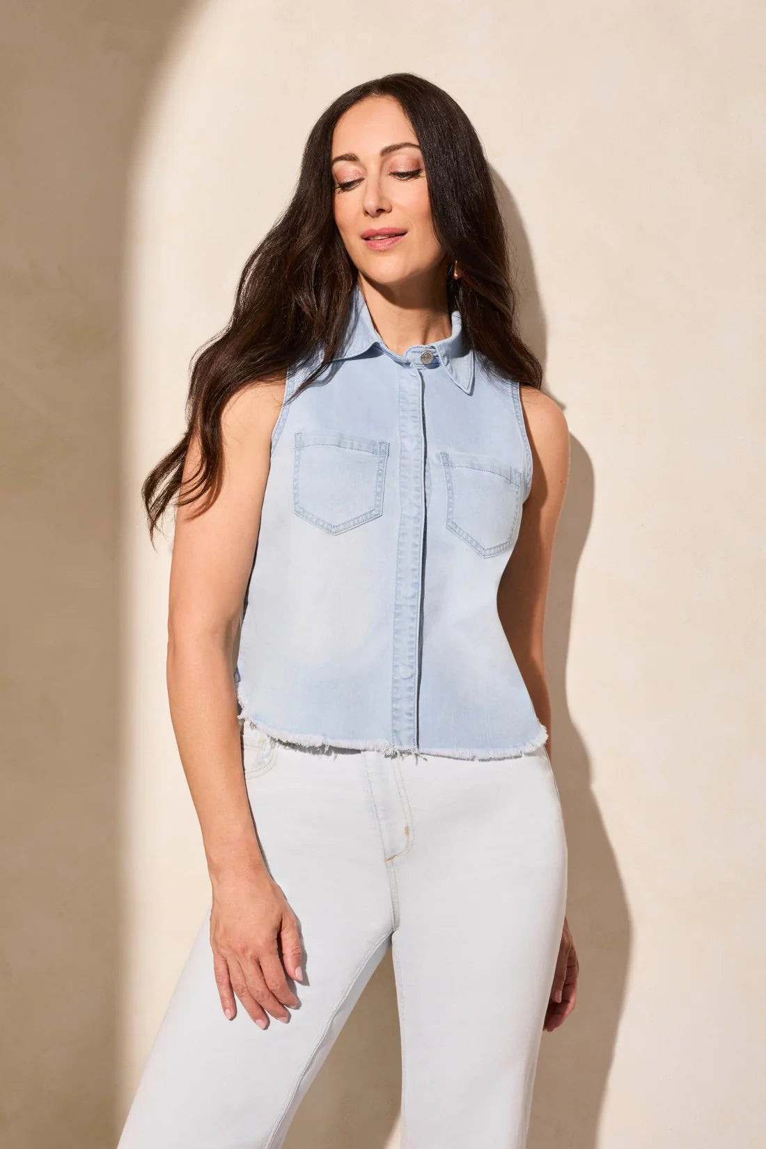 Cropped Sleeveless Denim Shirt