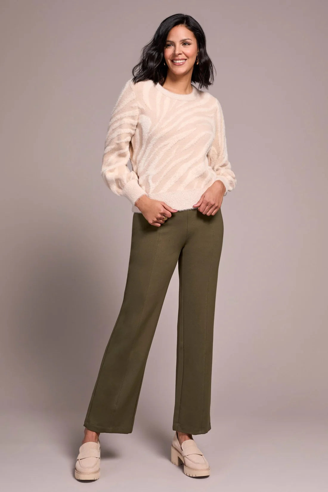 Double-Knit Puff Long Sleeve Crew Neck Sweater