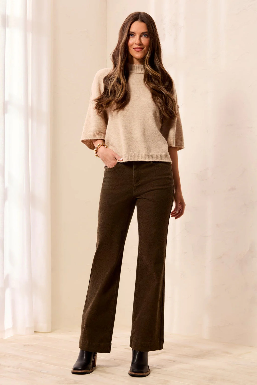 Embossed Pattern High Rise Wide Leg Pants