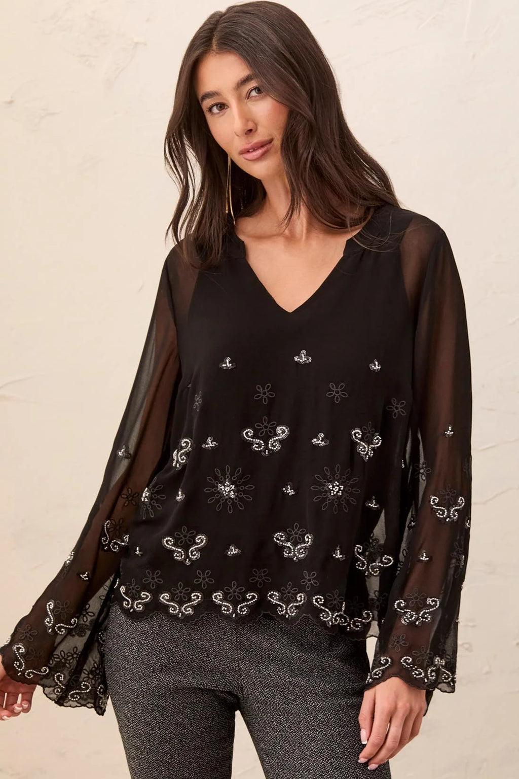Embroidered Beaded Chiffon Blouse