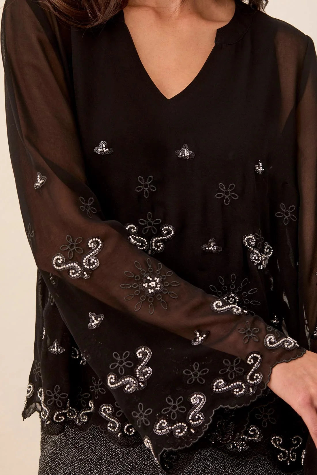 Embroidered Beaded Chiffon Blouse
