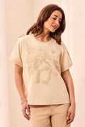 Embroidered Beading Cap Sleeve Crew Neck Top