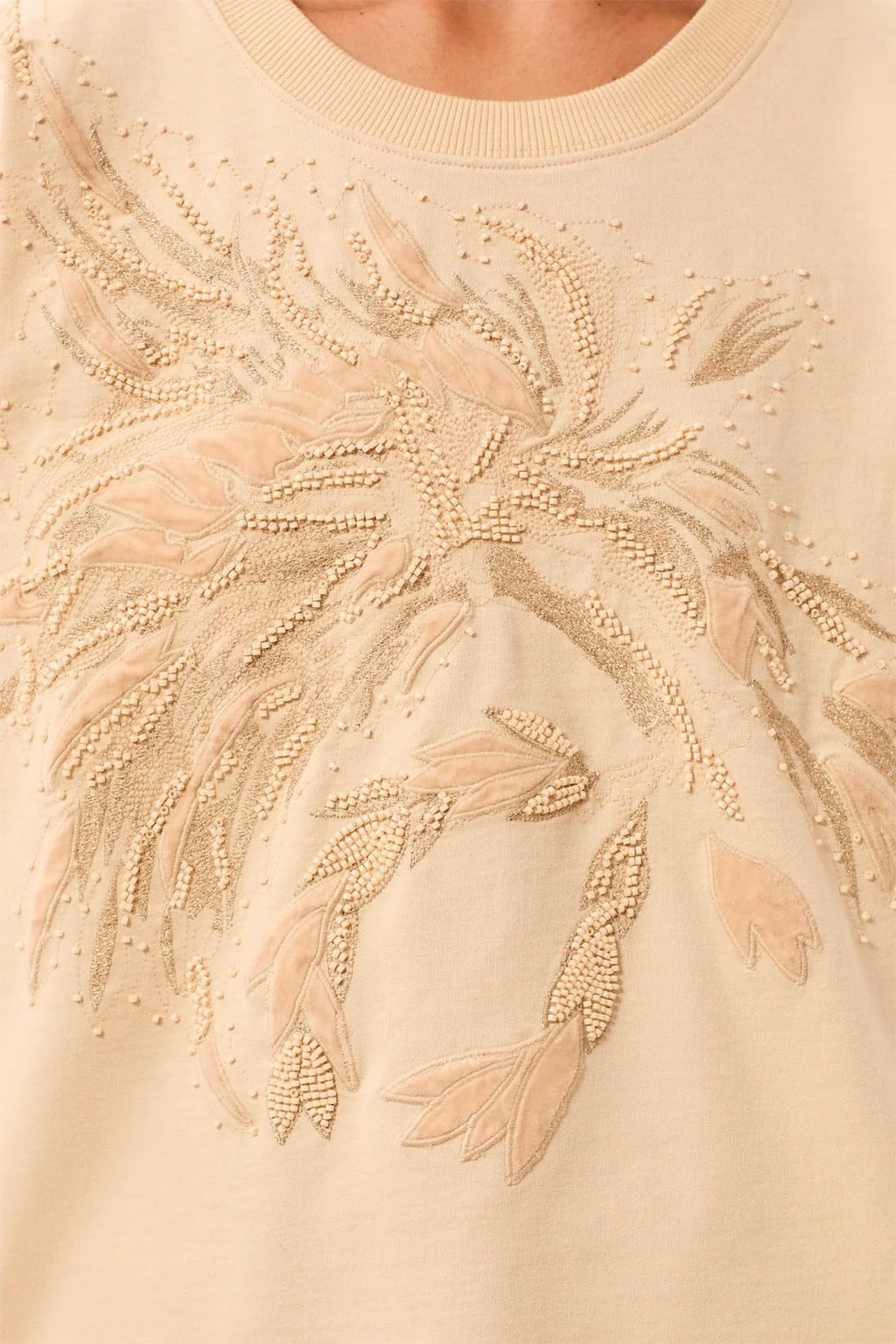Embroidered Beading Cap Sleeve Crew Neck Top