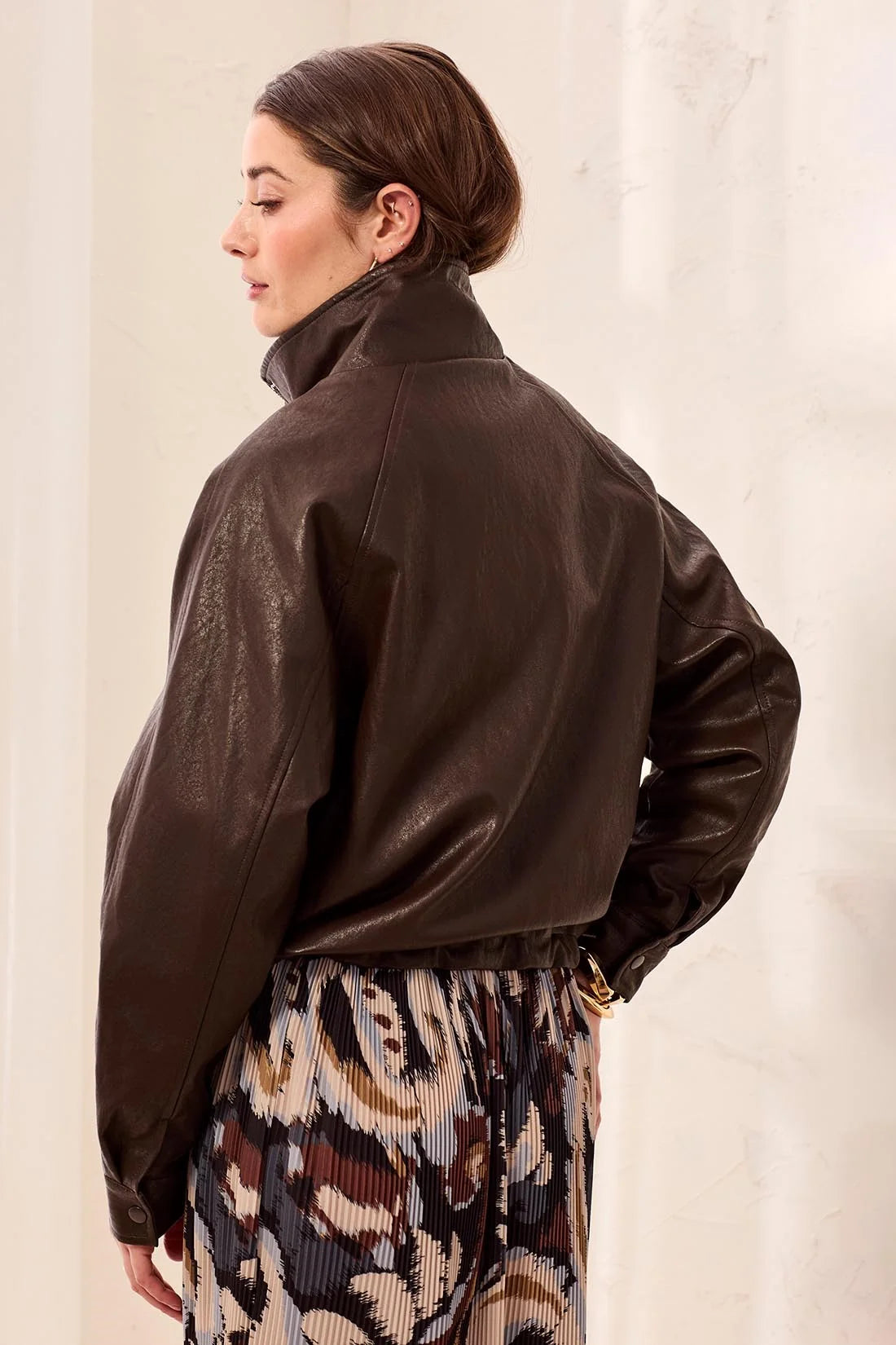 Faux Leather Mock Neck Adjustable Bubble Hem Jacket