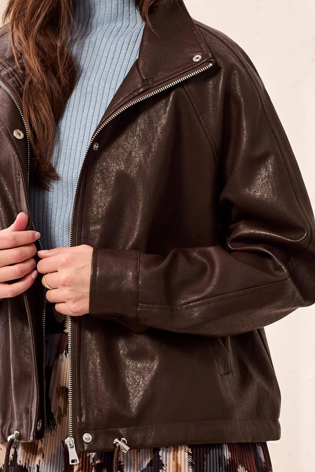 Faux Leather Mock Neck Adjustable Bubble Hem Jacket