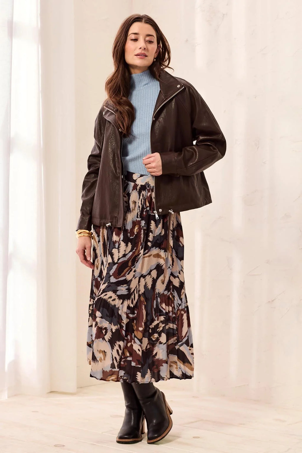 Faux Leather Mock Neck Adjustable Bubble Hem Jacket
