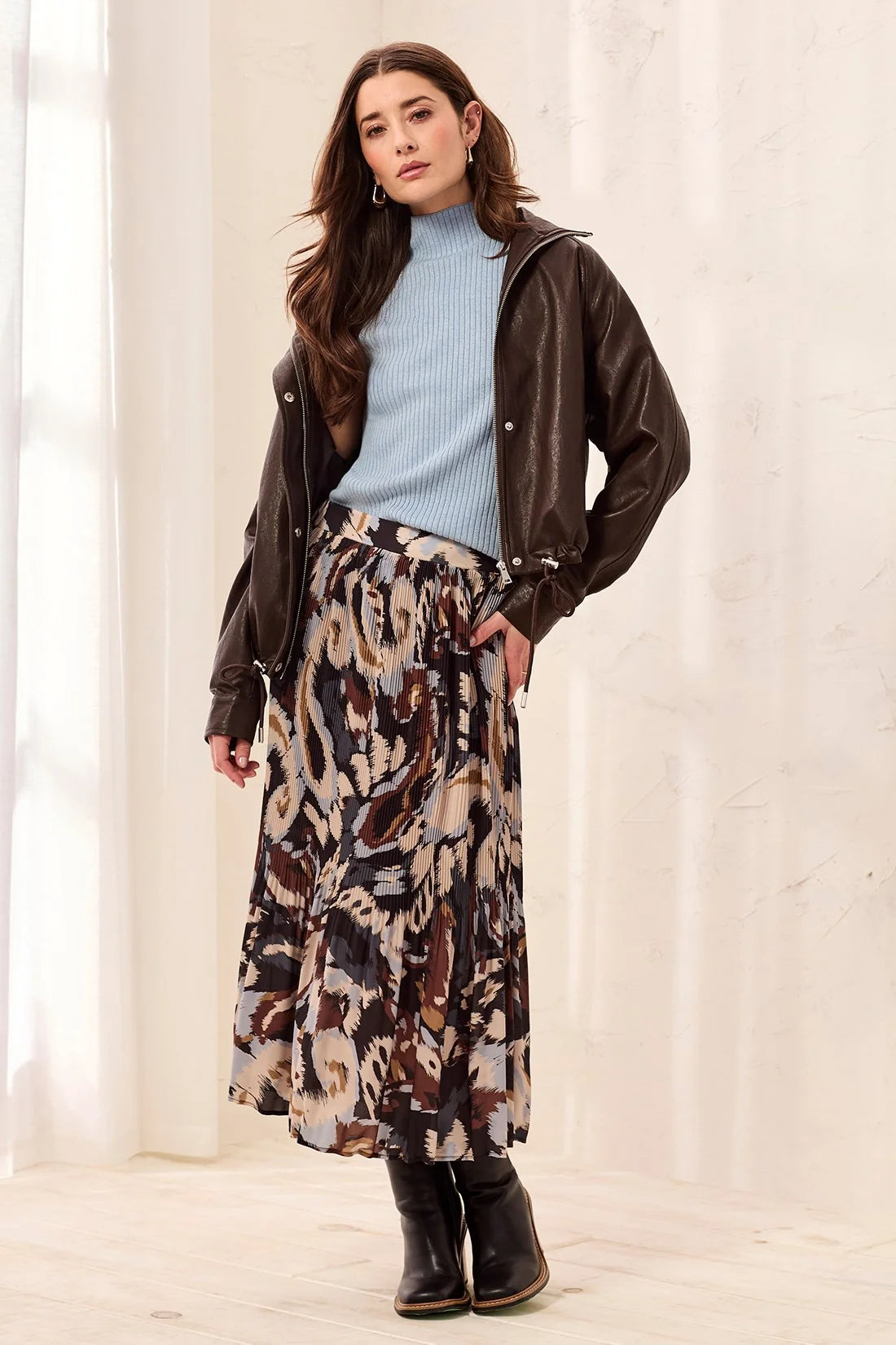 Flowy Plisse Printed Crepe Maxi Skirt