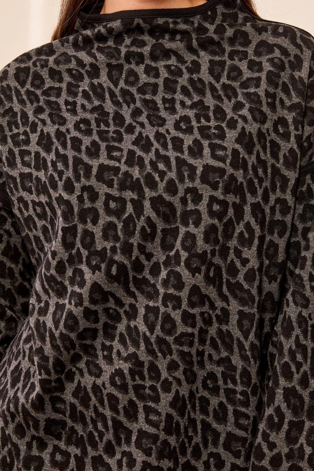 Jacquard Brushed Knit Mock Neck Drop Shoulder Top