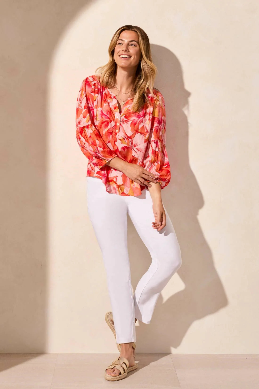 Jacquard Smocked 3/4 Sleeve Blouse