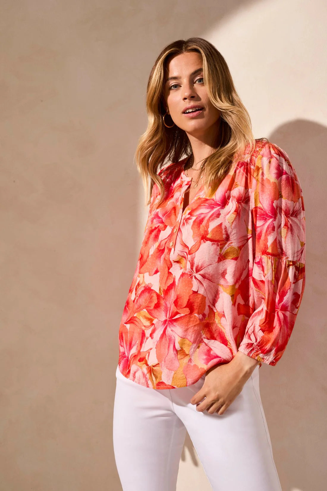 Jacquard Smocked 3/4 Sleeve Blouse