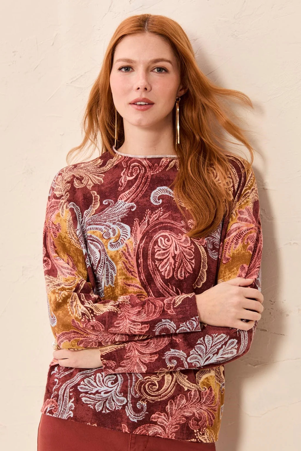 Lightweight Printed Long-Sleeve Funnel Neck Sweater