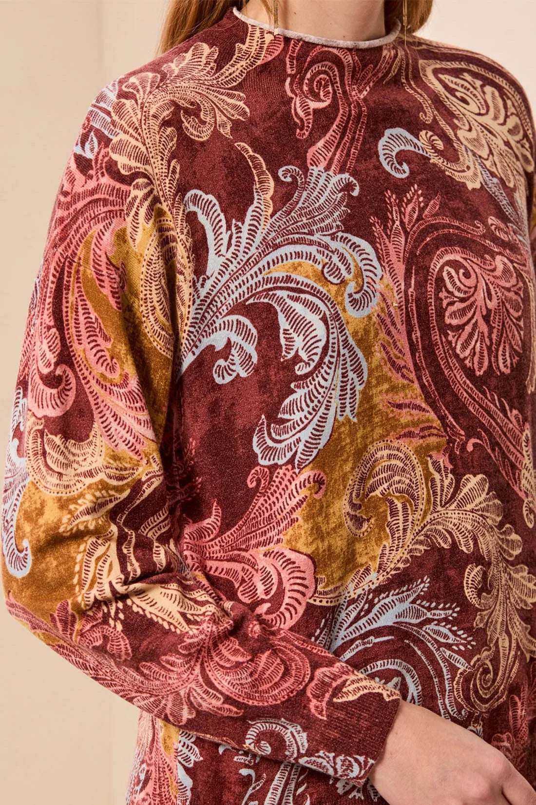 Lightweight Printed Long-Sleeve Funnel Neck Sweater