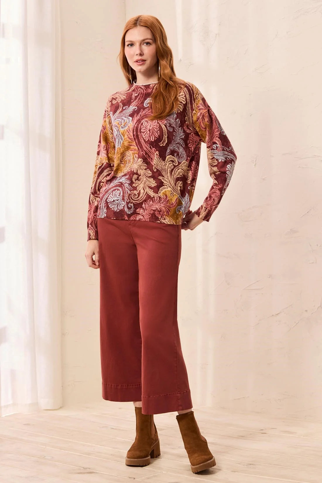 Lightweight Printed Long-Sleeve Funnel Neck Sweater