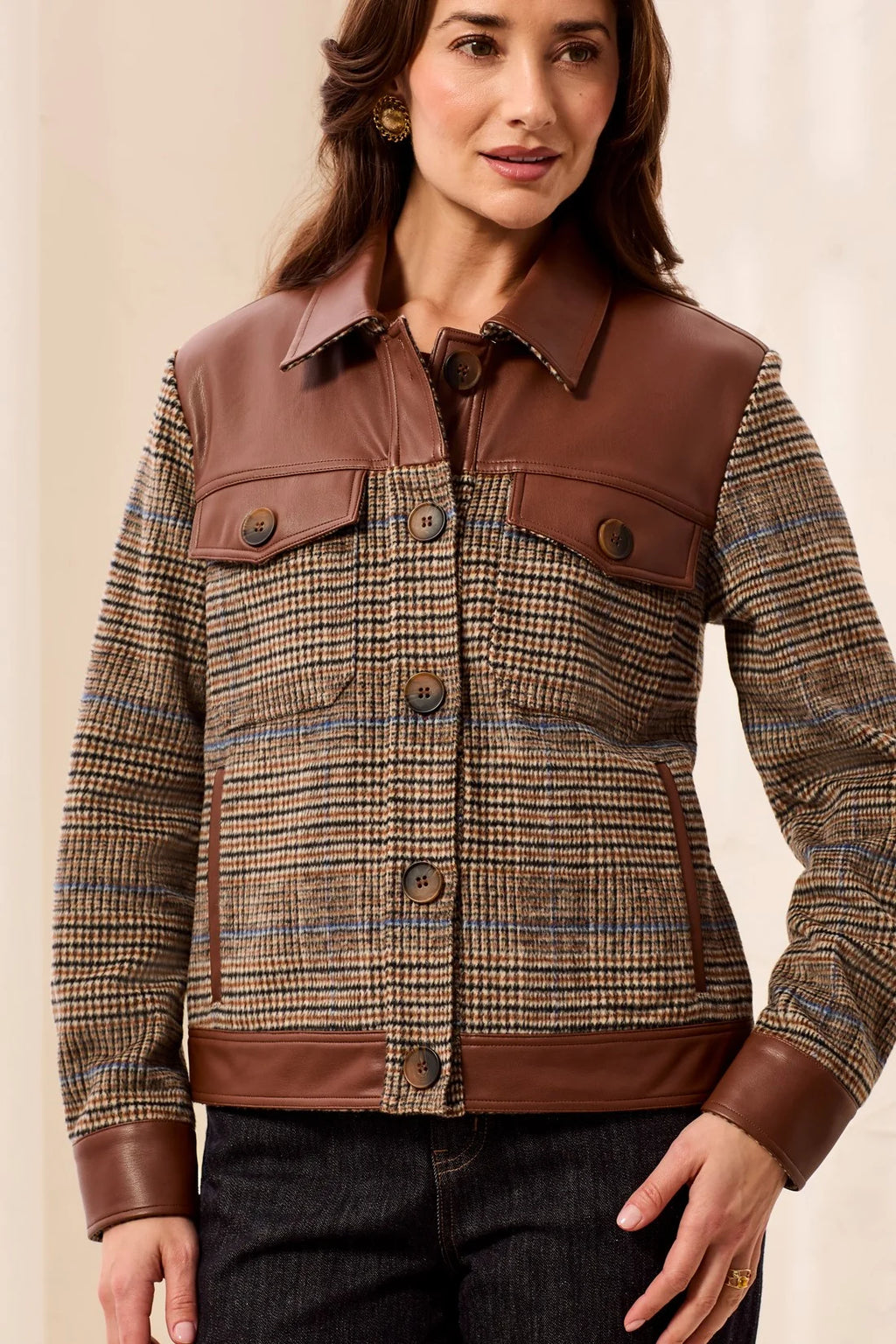 Mixed Media Button-Front Plaid Jacket with Faux Leather Trim