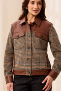 Mixed Media Button-Front Plaid Jacket with Faux Leather Trim