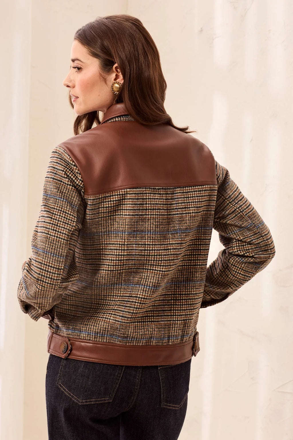Mixed Media Button-Front Plaid Jacket with Faux Leather Trim