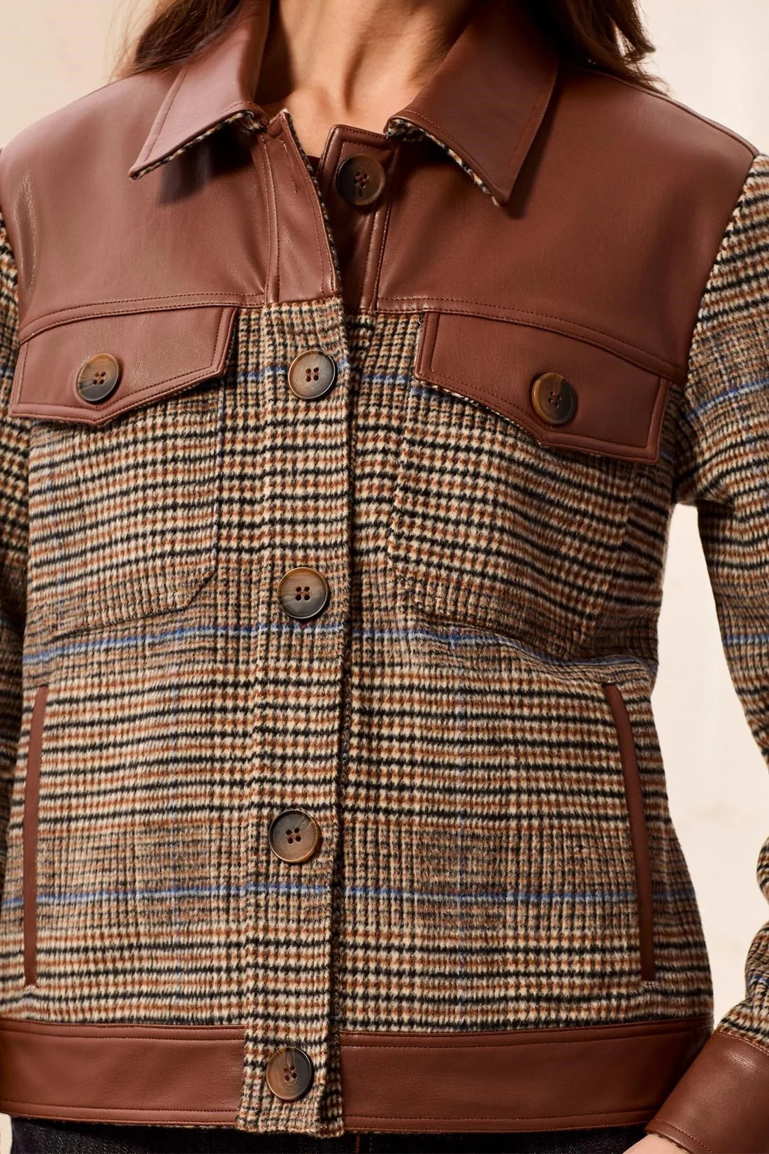 Mixed Media Button-Front Plaid Jacket with Faux Leather Trim
