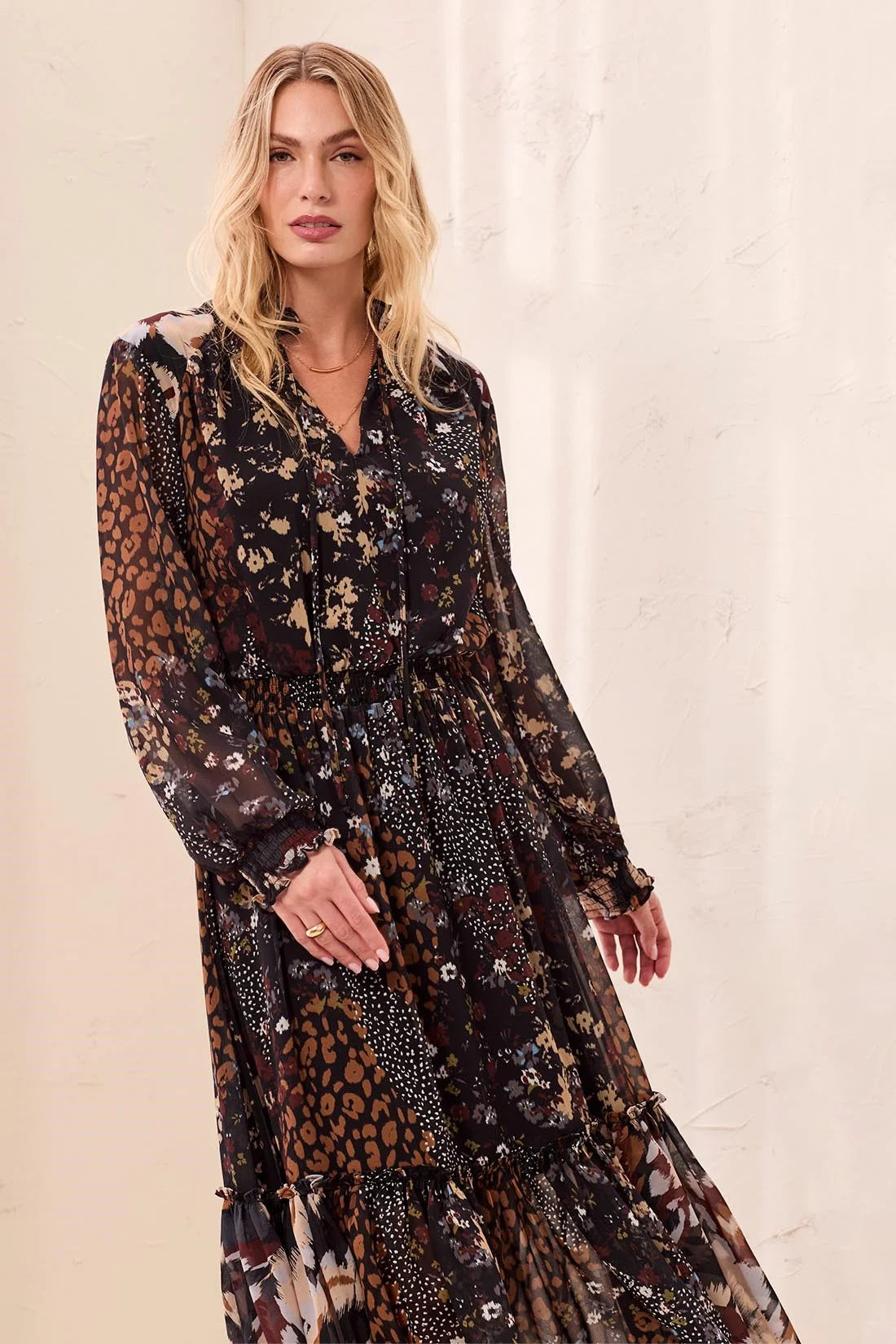 Smocked Waist And Tassel-Tie Neck Dress