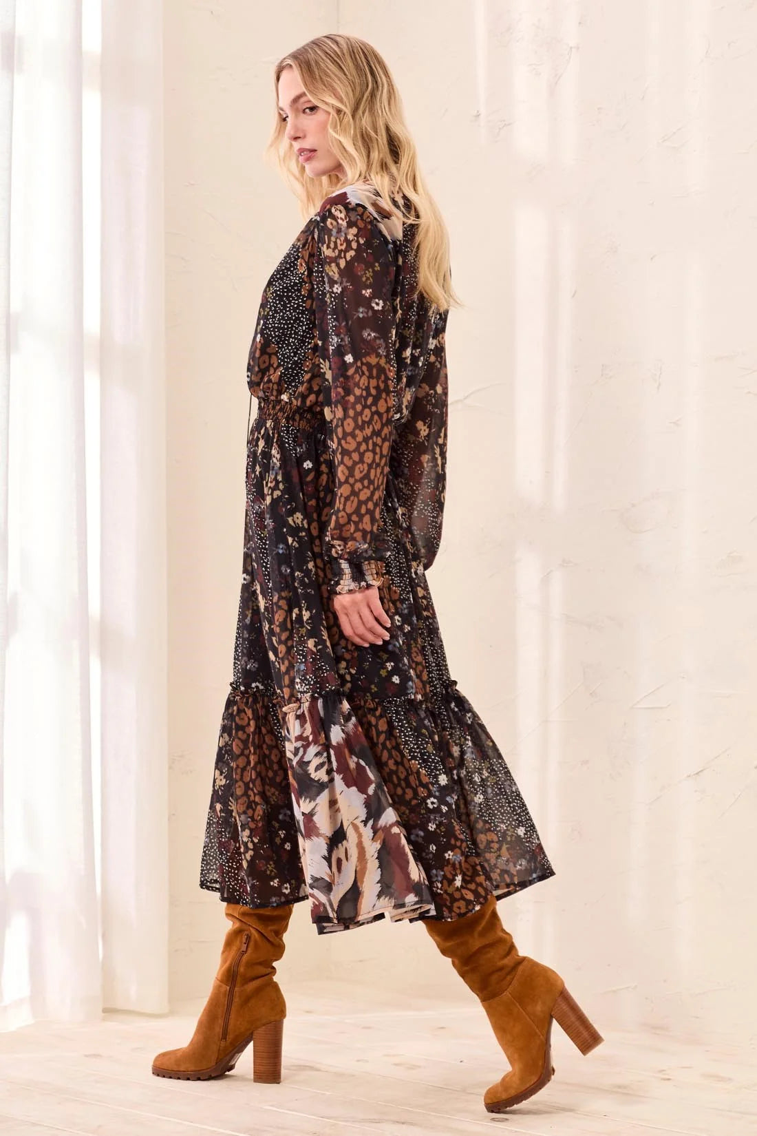 Smocked Waist And Tassel-Tie Neck Dress