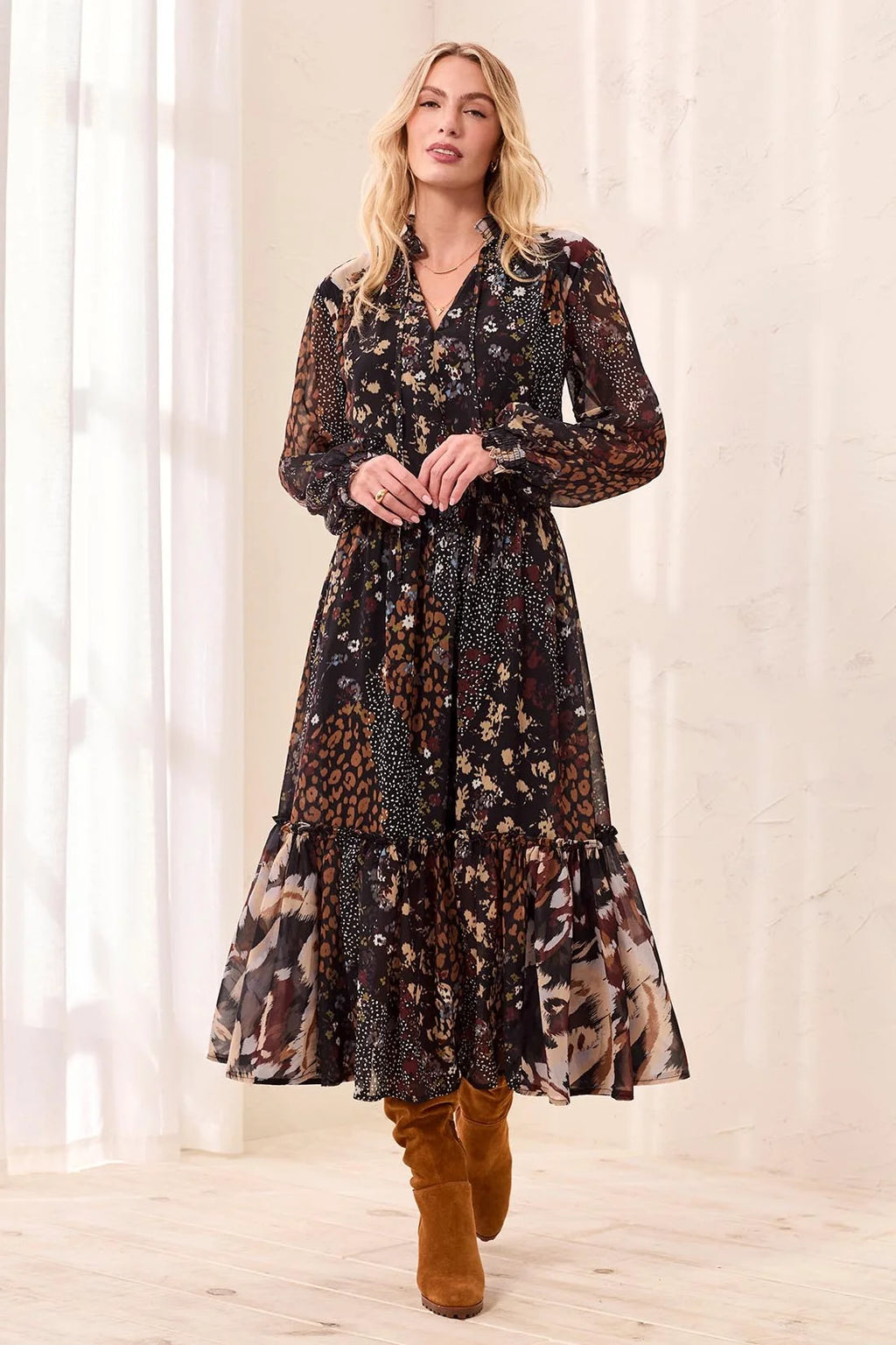 Smocked Waist And Tassel-Tie Neck Dress