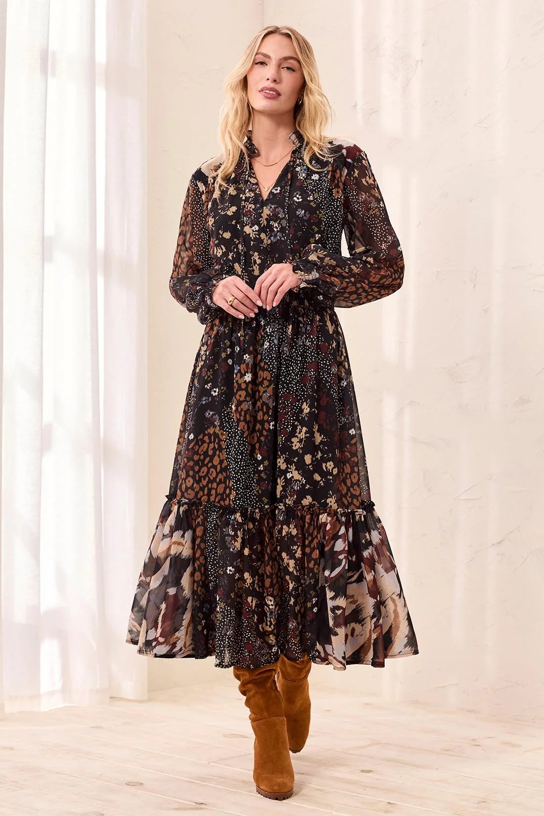 Smocked Waist And Tassel-Tie Neck Dress