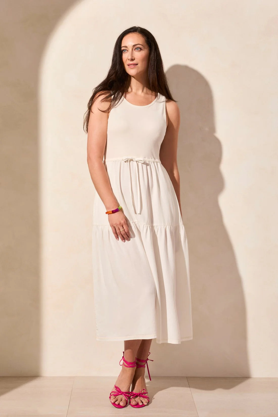 Mixed Media Sleeveless Tiered Midi Dress