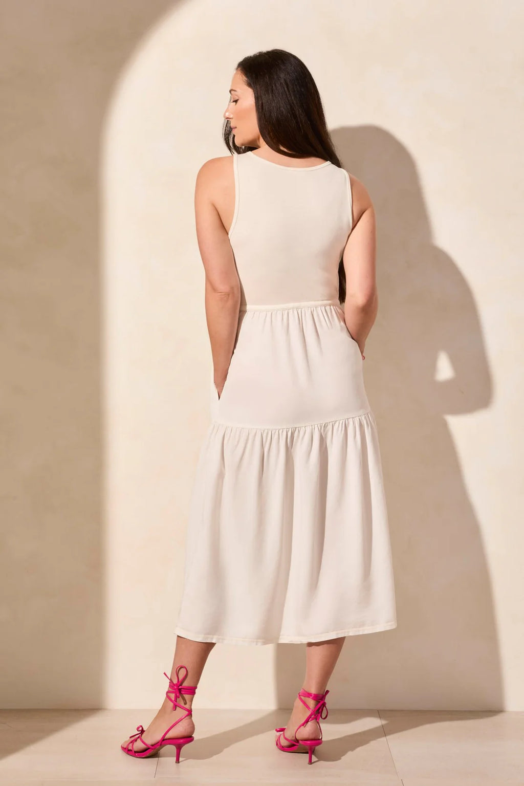 Mixed Media Sleeveless Tiered Midi Dress