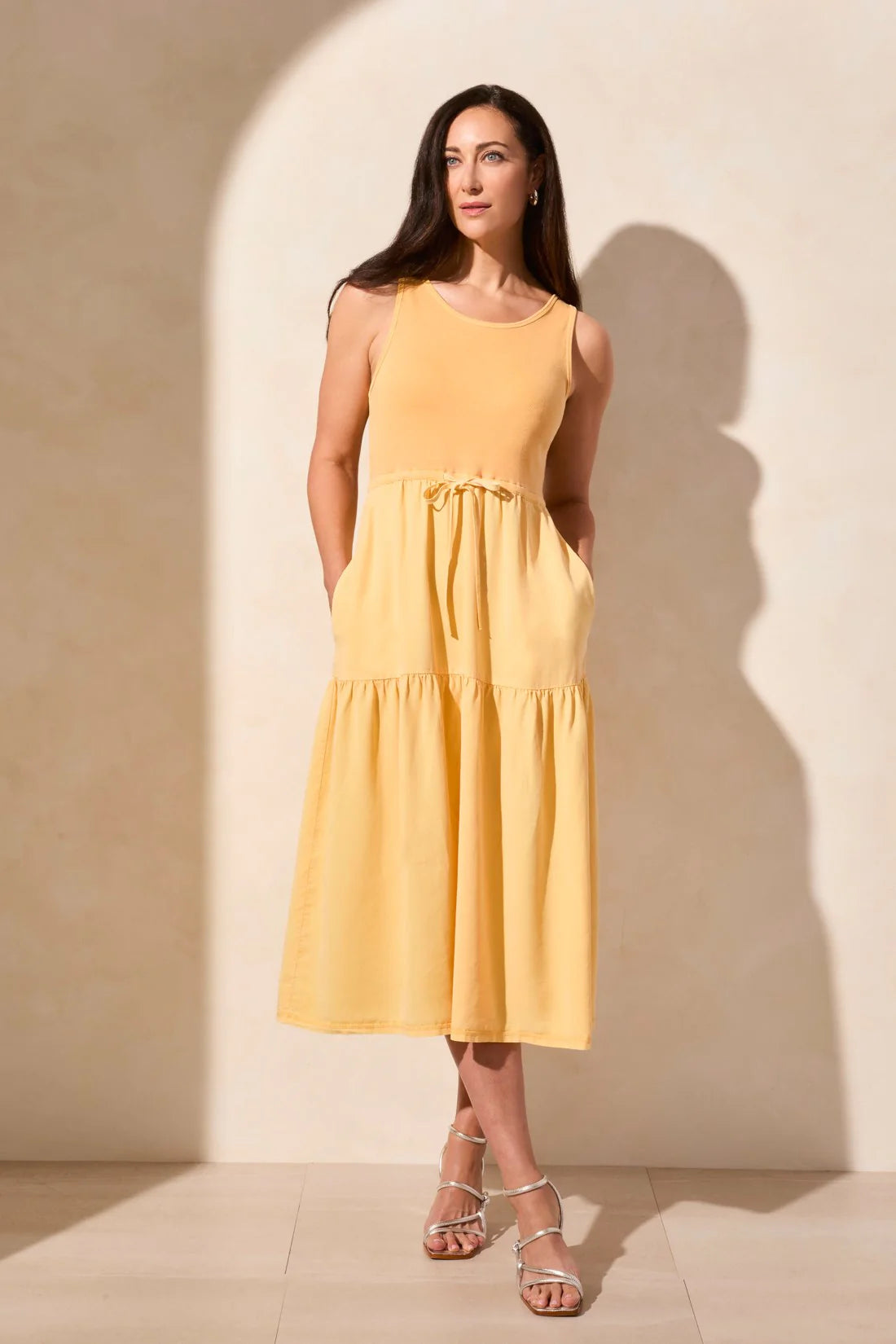 Mixed Media Sleeveless Tiered Midi Dress